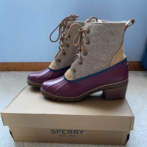 Sperry Saltwater heeled duck boots - SIZE 8 - BURGUNDY/TAN
